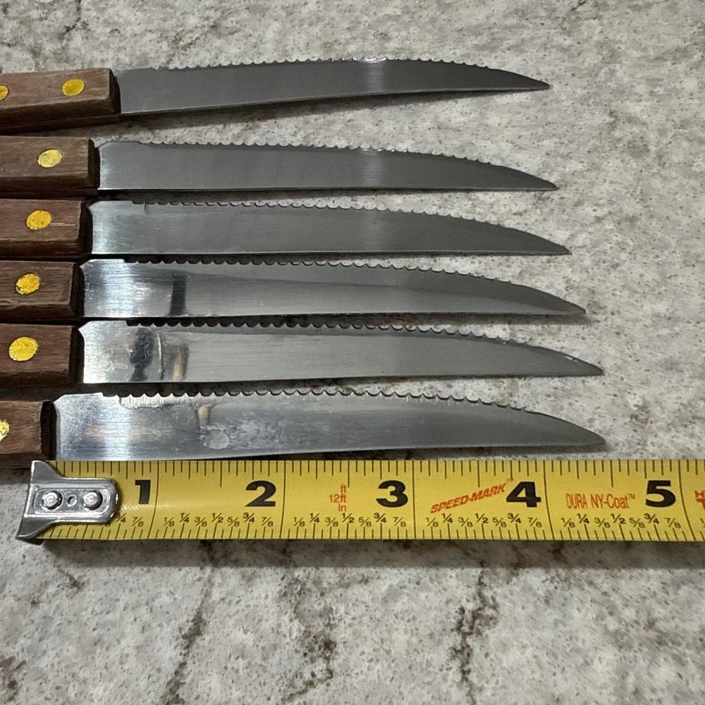 6 Vintage Brand Ware Stainless Steel Steak Knives Wooden Handles Dainty Set